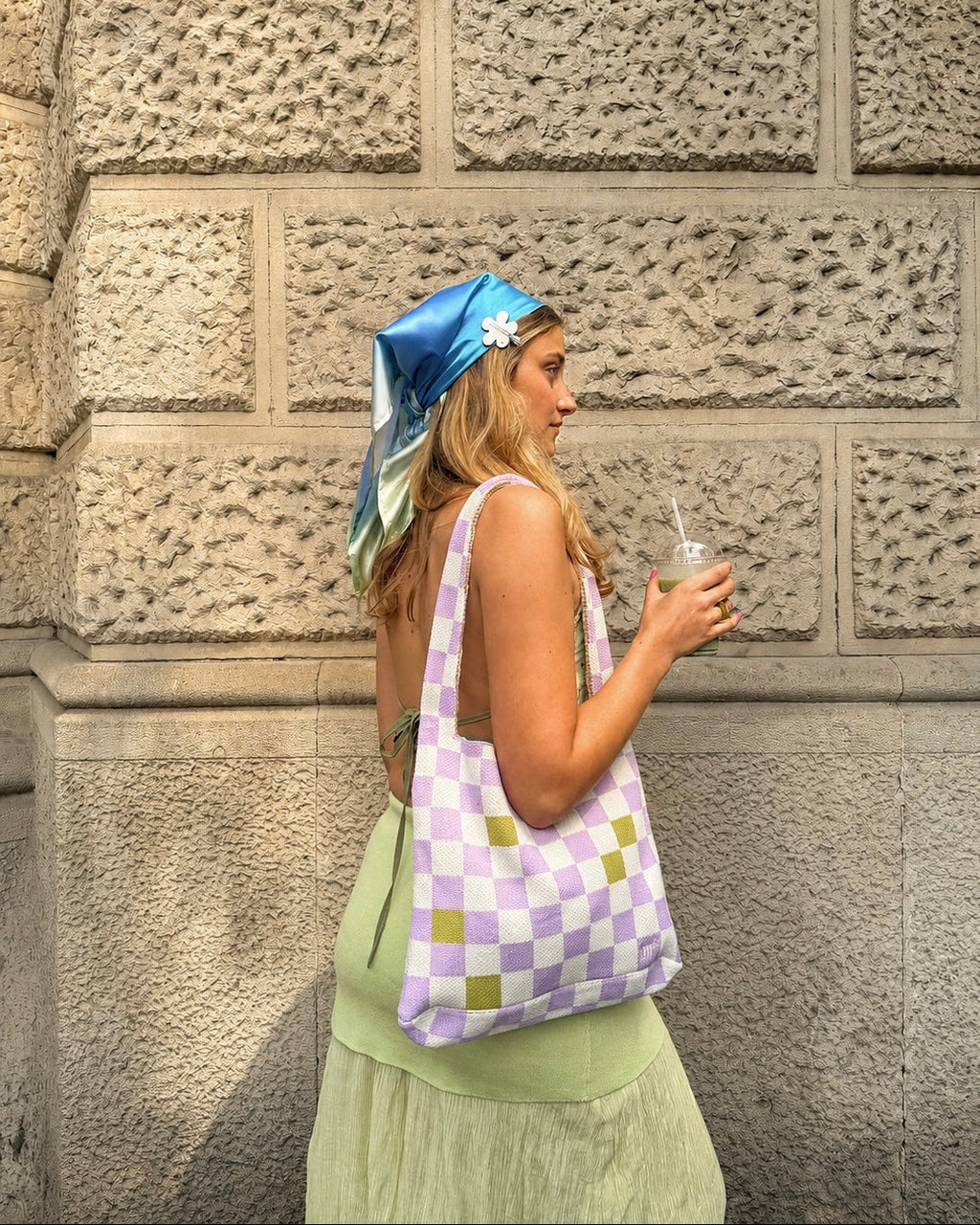 CHECKERED SHOULDER BAG - LILAC&GREEN